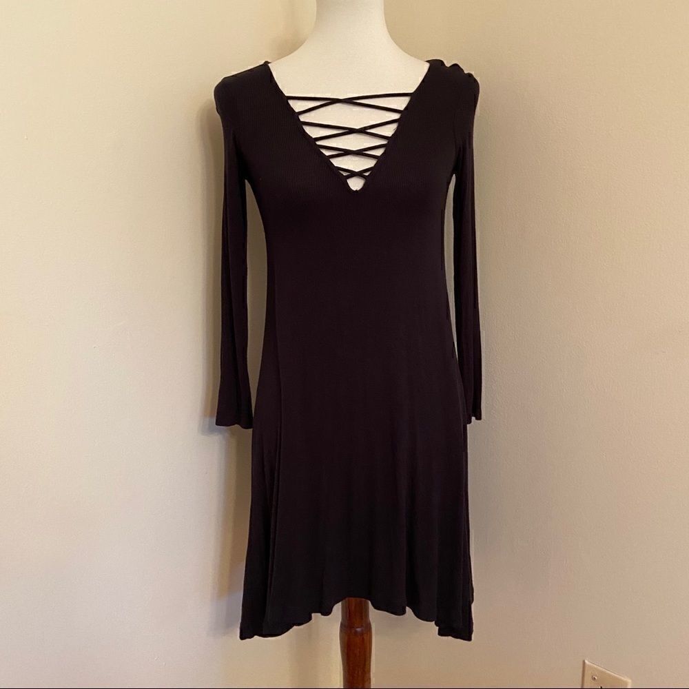 AE Black Ribbed Faux Lace Up 3/4 Sleeve Dress XXS